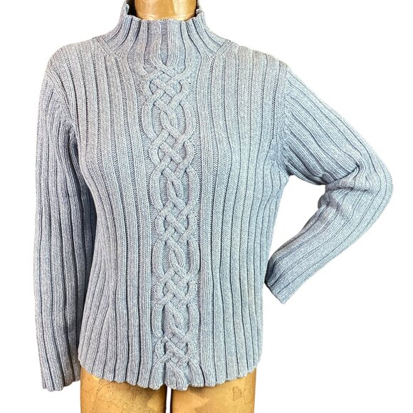 L.L. Bean Mock Neck Ribbed Knit Cotton Sweater Sz L Blue #117T - Picture 1 of 6
